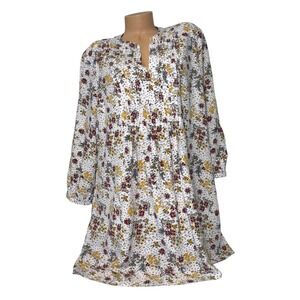 Old Navy Womens XL Floral Print Tiered Midi Dress Long Sleeve Collared White